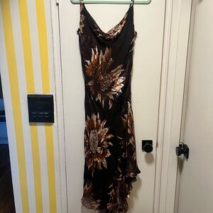 Brown floral beaded silk midi dress with fairy hem and hidden side zipper